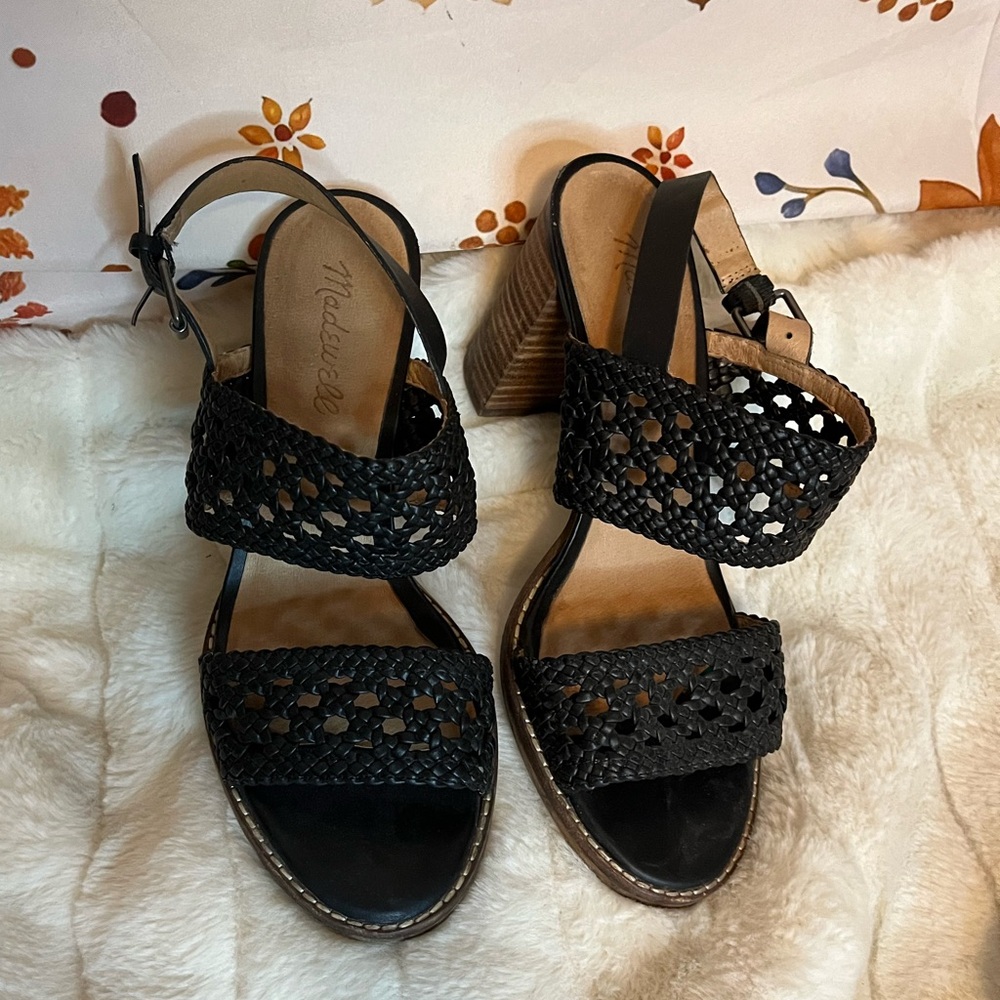 Madewell Women 7.5/8 Chunky Heel Sandals Woven Faux Leather Spring Summer Date
